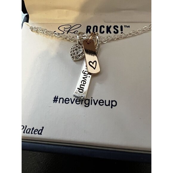 Belk Silverworks Silver Plated Necklace She Rocks! NEVER GIVE UP Pendants -NEW - Picture 6 of 6